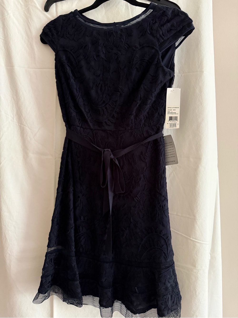 Adrianna Papell Navy Lace Cocktail Dress with Waist Tie